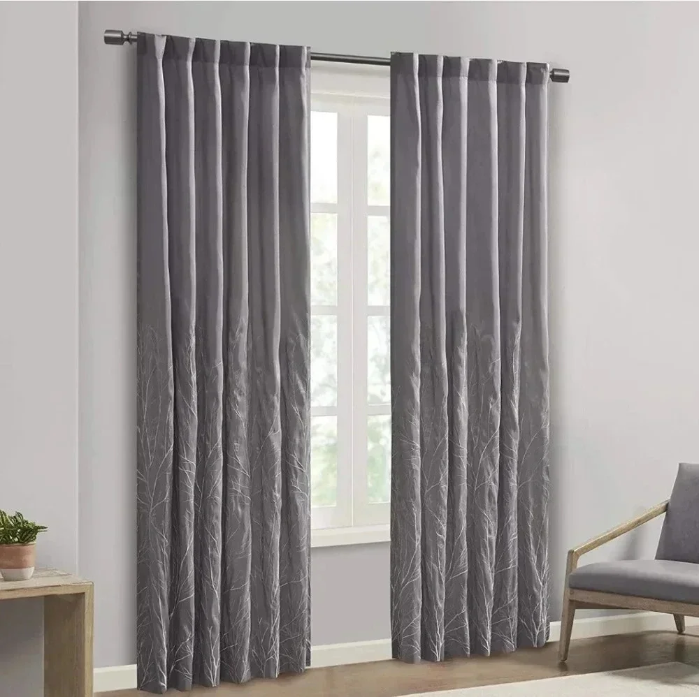1 Window Panel Curtain Lined Embroidered Gray Grey Size 50